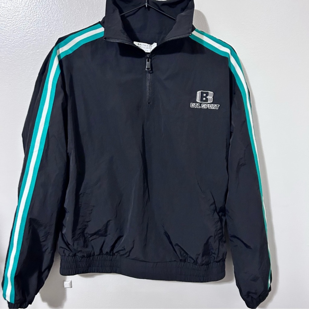 Brunette the Label Sport Half Zip Varsity Jacket Black Green Stripe XS/Small